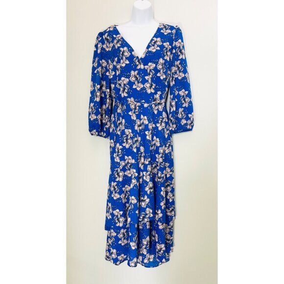 Eliza J Blue & White Floral Print Dress V-Neck 3/4 Sleeve Fit & Flare Size 12 - Picture 1 of 7